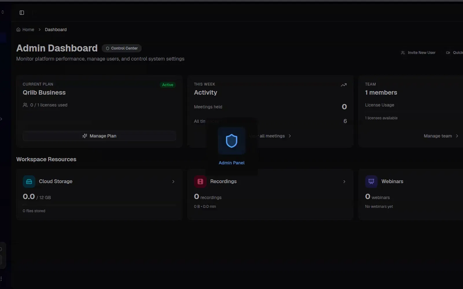The Qriib member dashboard showing upcoming meetings and recordings.