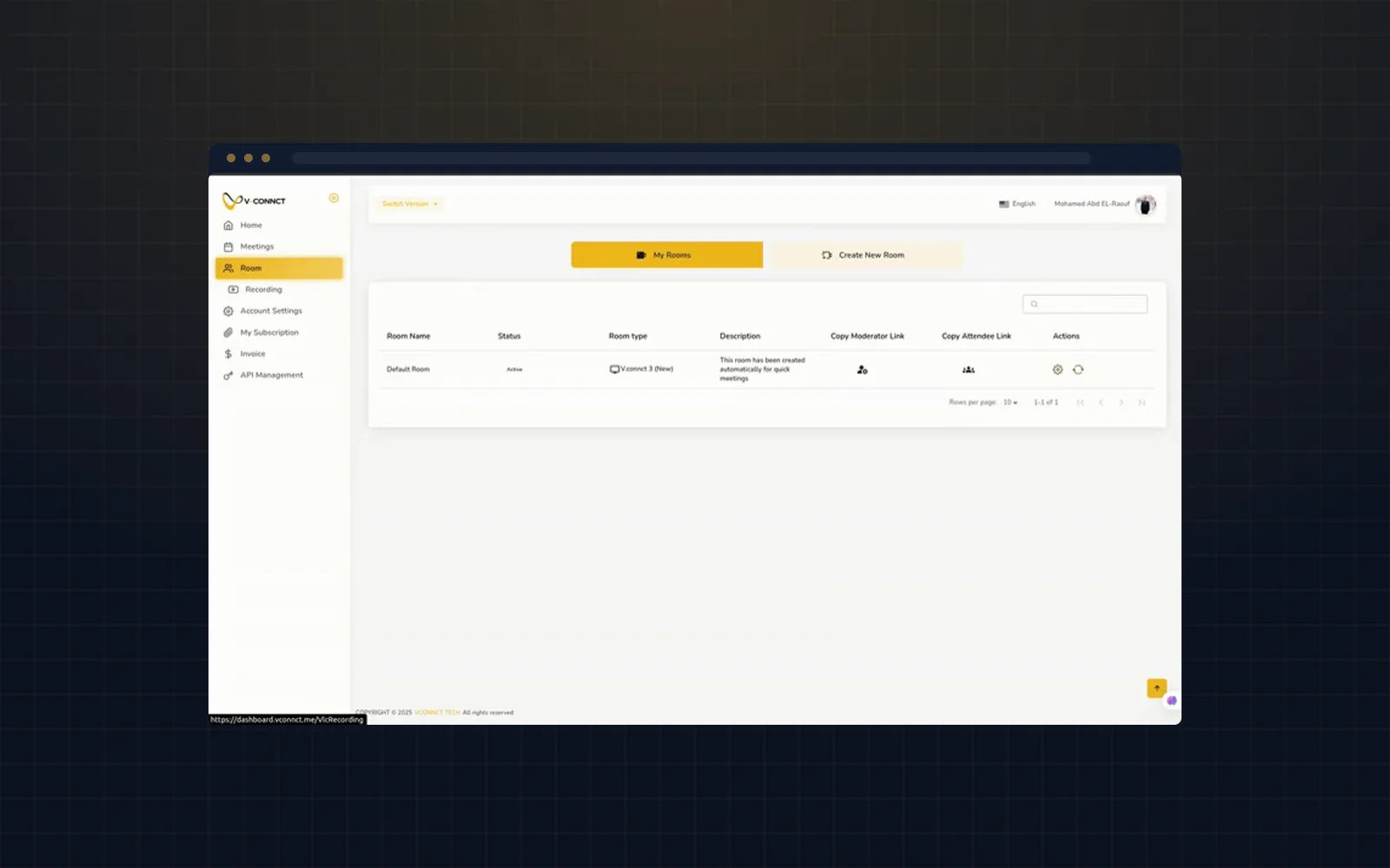 لوحة تحكم Vconnct وبها قائمة غرف الاجتماعات وتفاصيل الاشتراك.